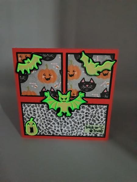 Halloween Grußkarte Kürbisse, Katzen und Leuchtsticker